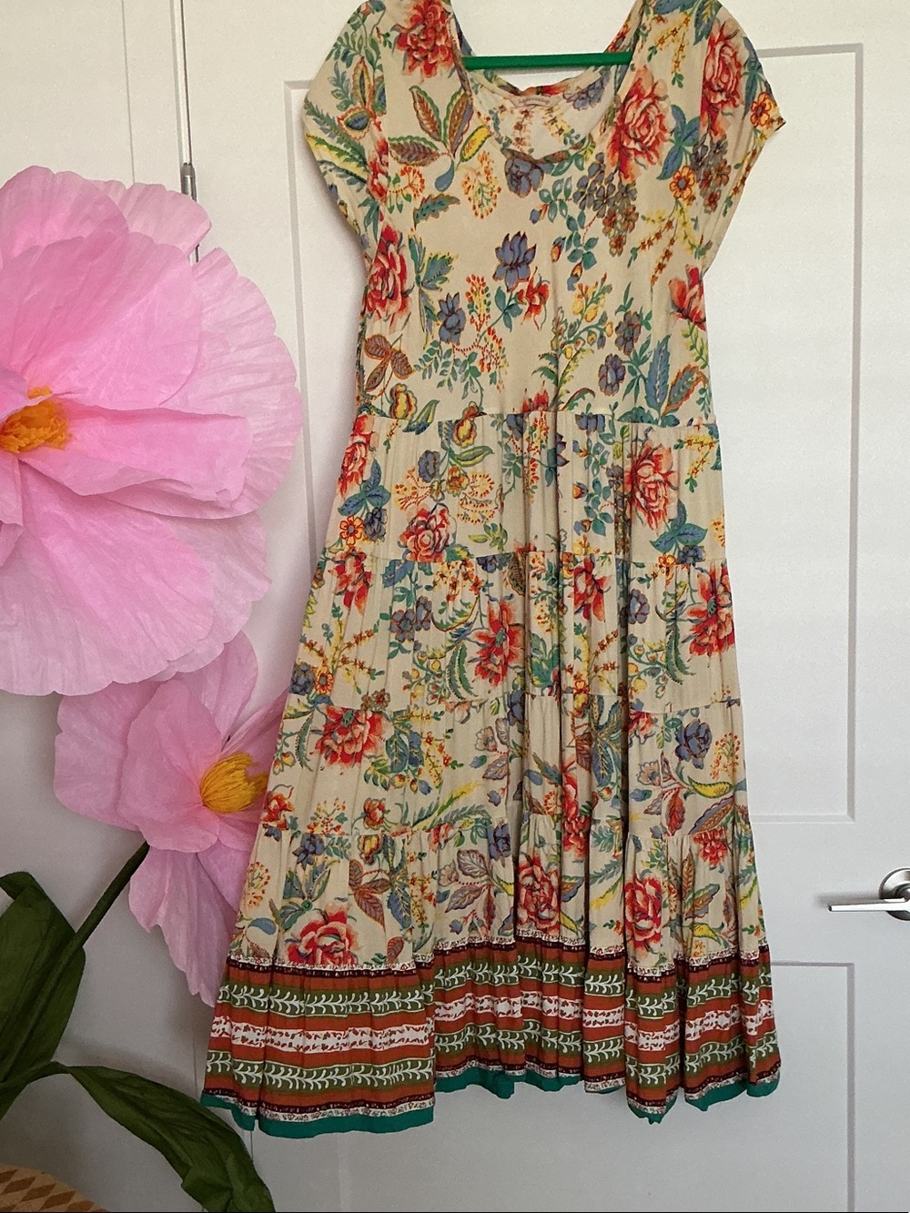 Tiered cream, floral maxi dress. 
Plus size 2X.